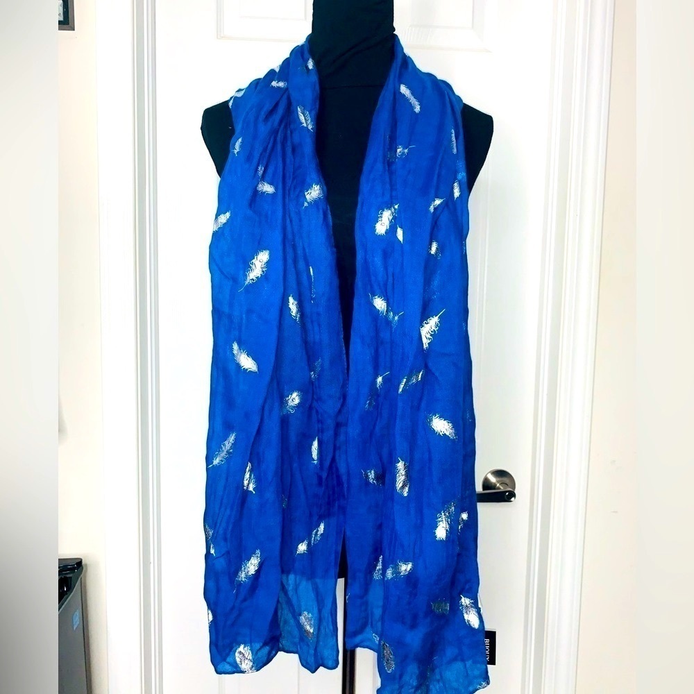 BIJOUX Terner Metallic Silver Leaf /feather Indigo Blue Shawl